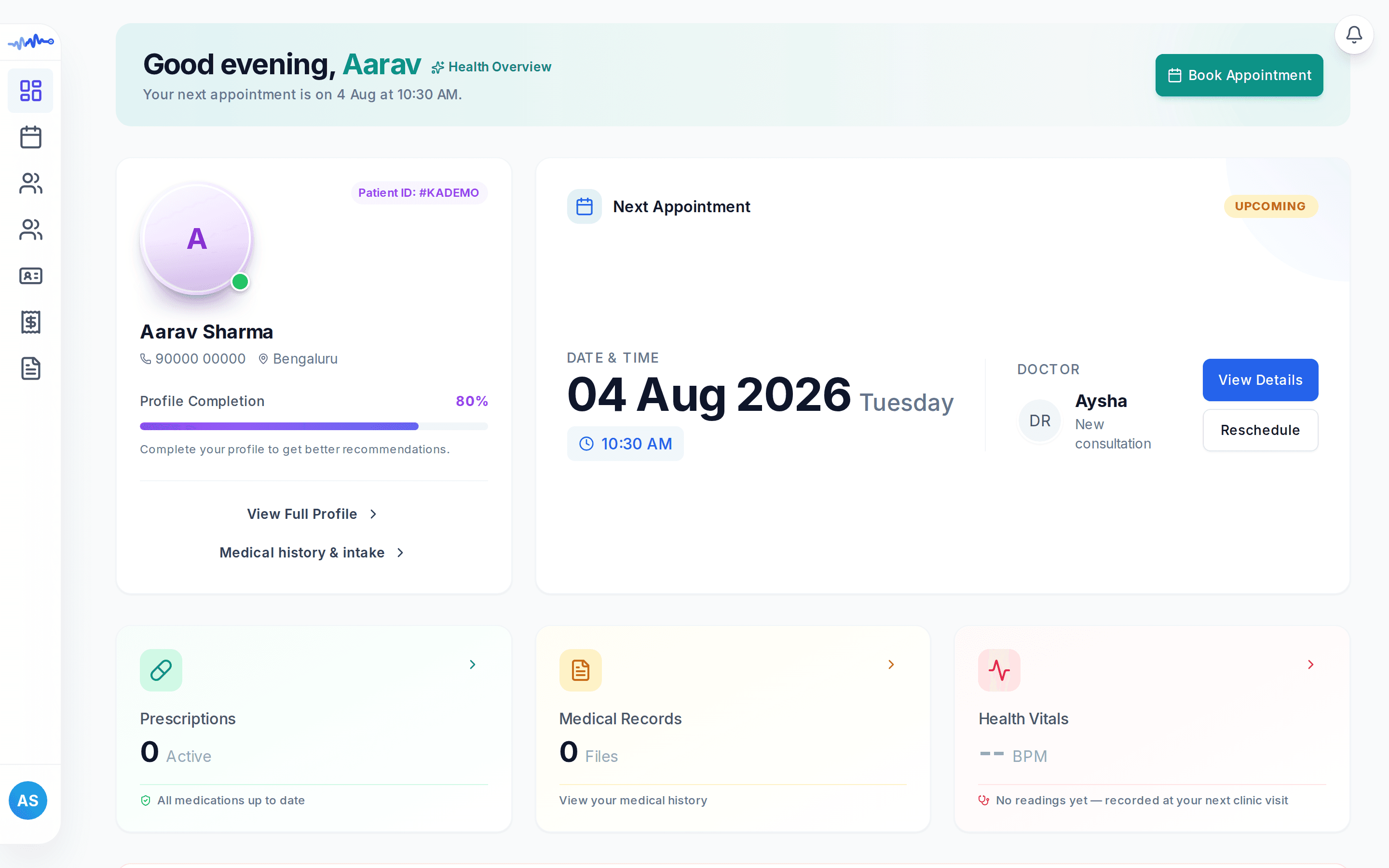 The Clynecta patient dashboard, showing an upcoming appointment, profile and health records